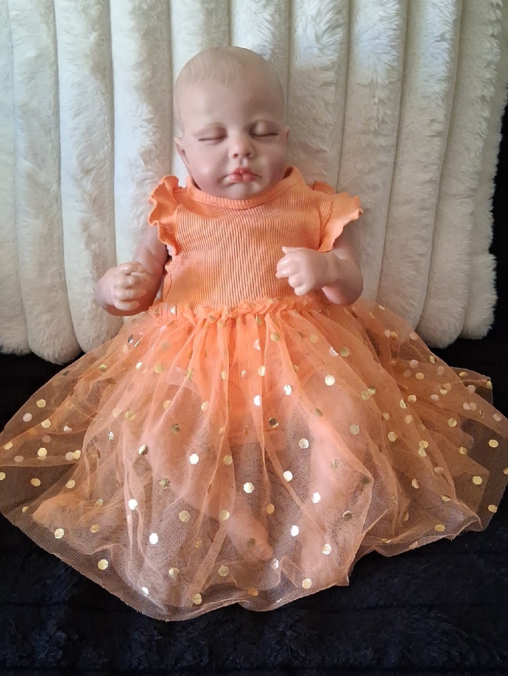 Reborn Realistic Baby Doll,Peach Tulle Polka Dot Baby Dress